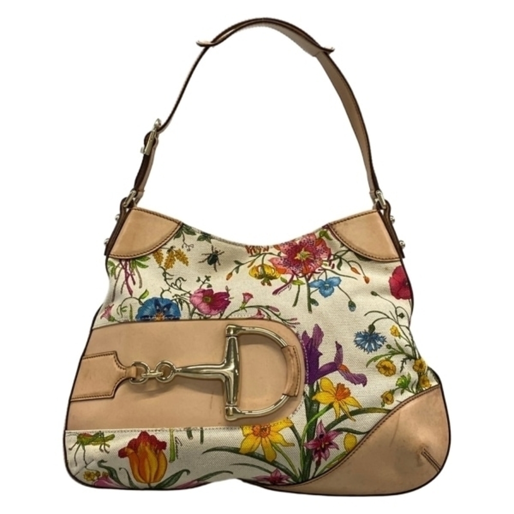 Gucci Shoulder Bag Flora Flower Hustler Bit Leather Ivory White Beige Multi